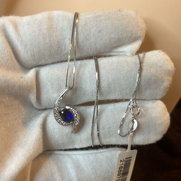 Lab Grown Blue and White Sapphire pendant Necklace in Sterling Silver 18” - Picture 7 of 9